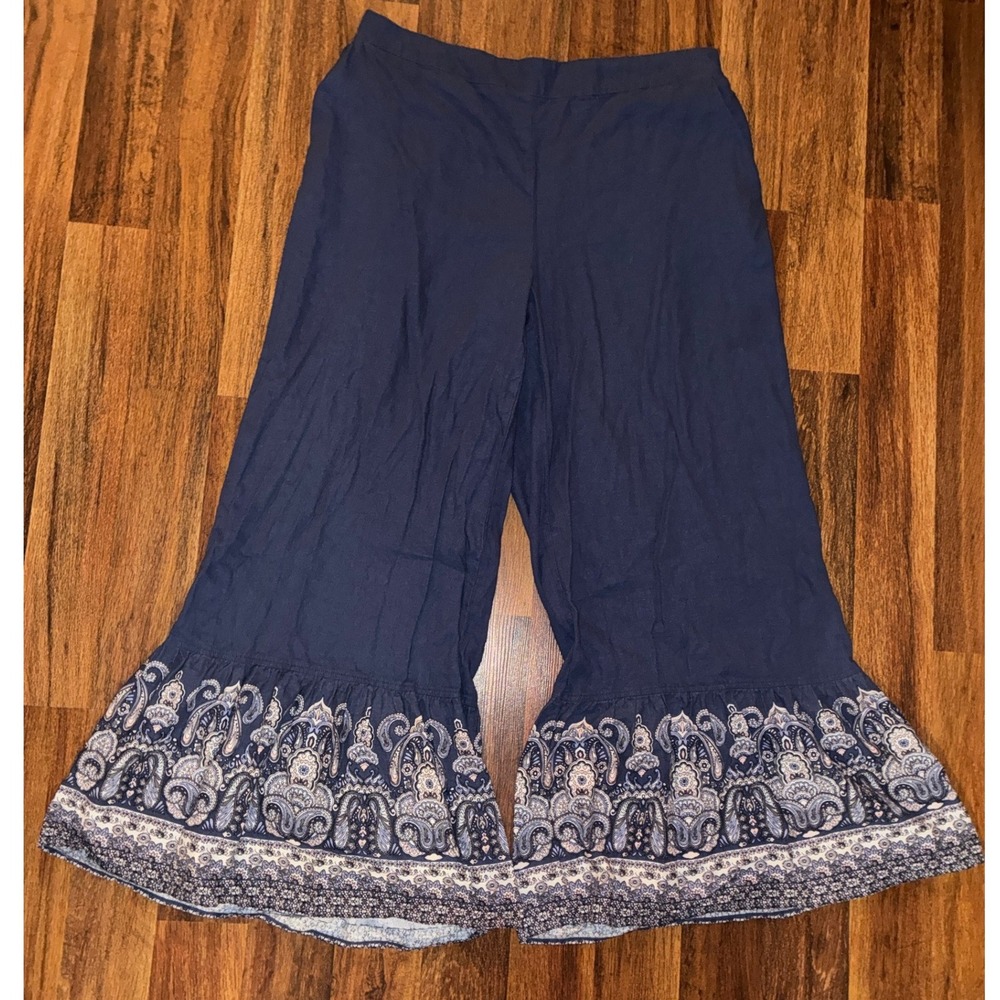 Cato Womens 18/20W Navy Blue Linen Blend Paisley Ruffle Hem Wide Leg Pants Boho